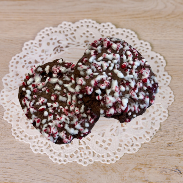 Chocolate peppermint cookies on lace doily