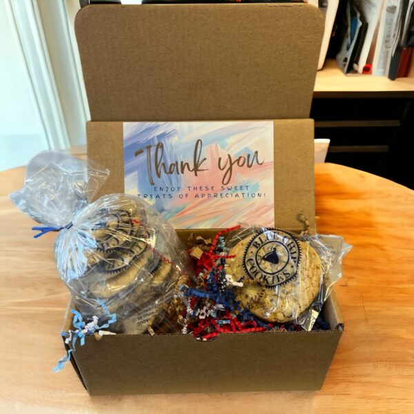 Thank you box filled with highly rated gourmet cookies and card. Great thank you gifts for business.