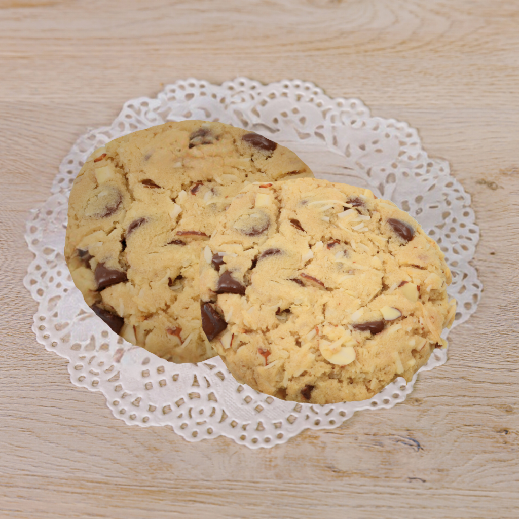 Chocolate chip almond cookies on lace doily