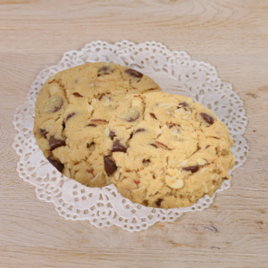 Chocolate chip almond cookies on lace doily