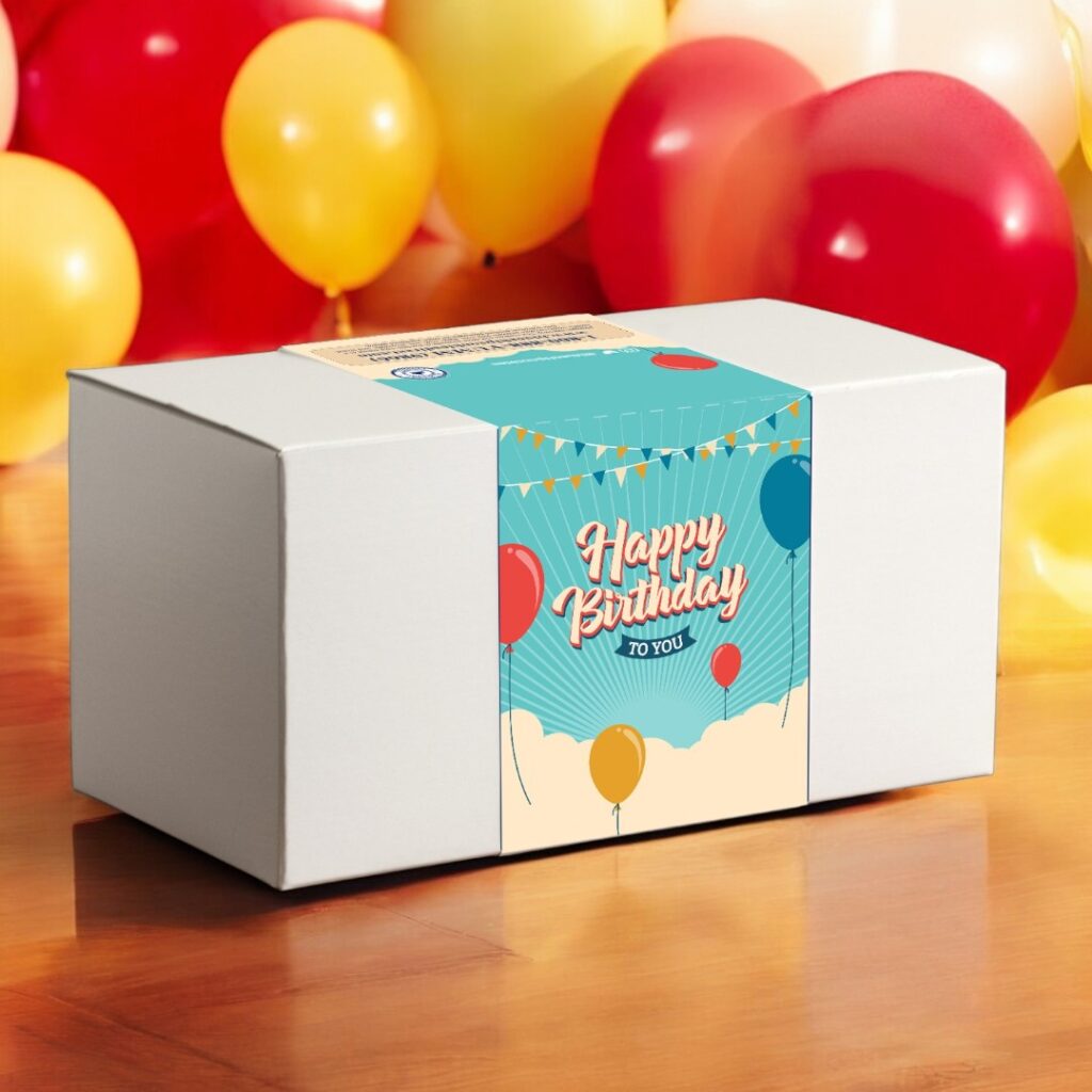 Birthday present box with festive balloon design