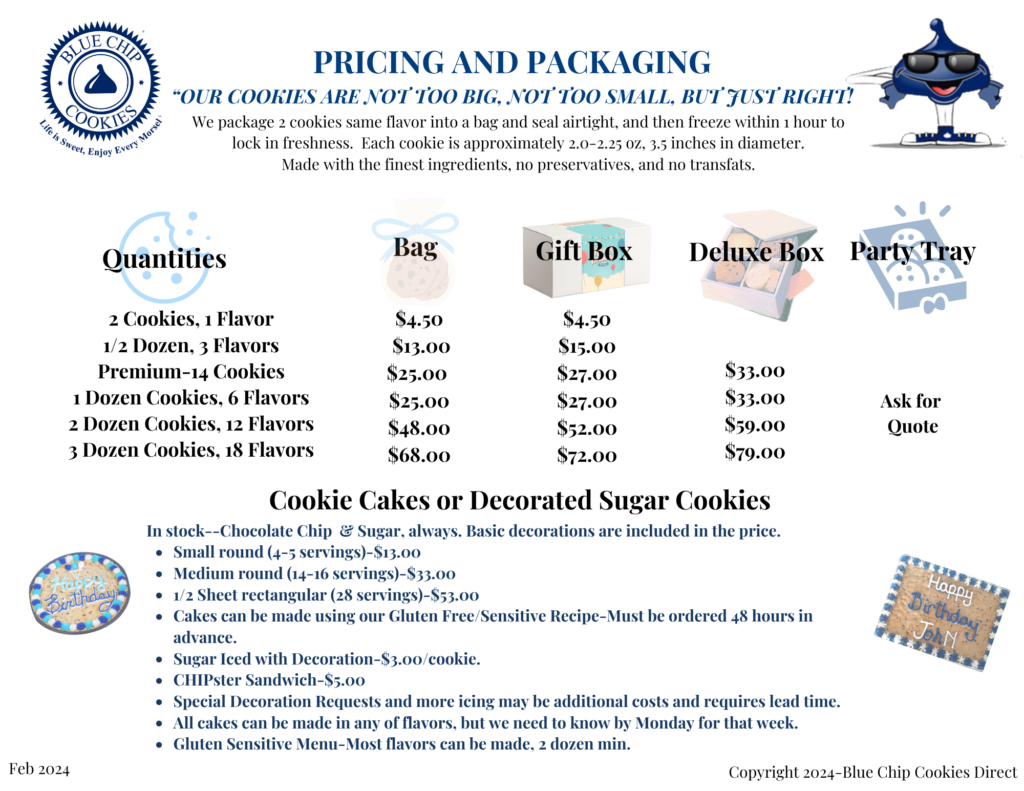 Blue Chip Cookies Pricing/Menu