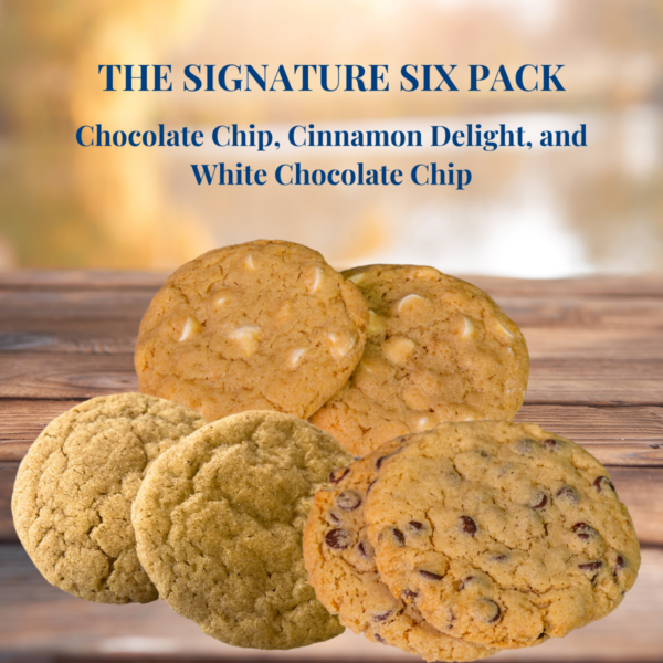 Assorted cookies on wooden table, labeled 'The Signature Six Pack'