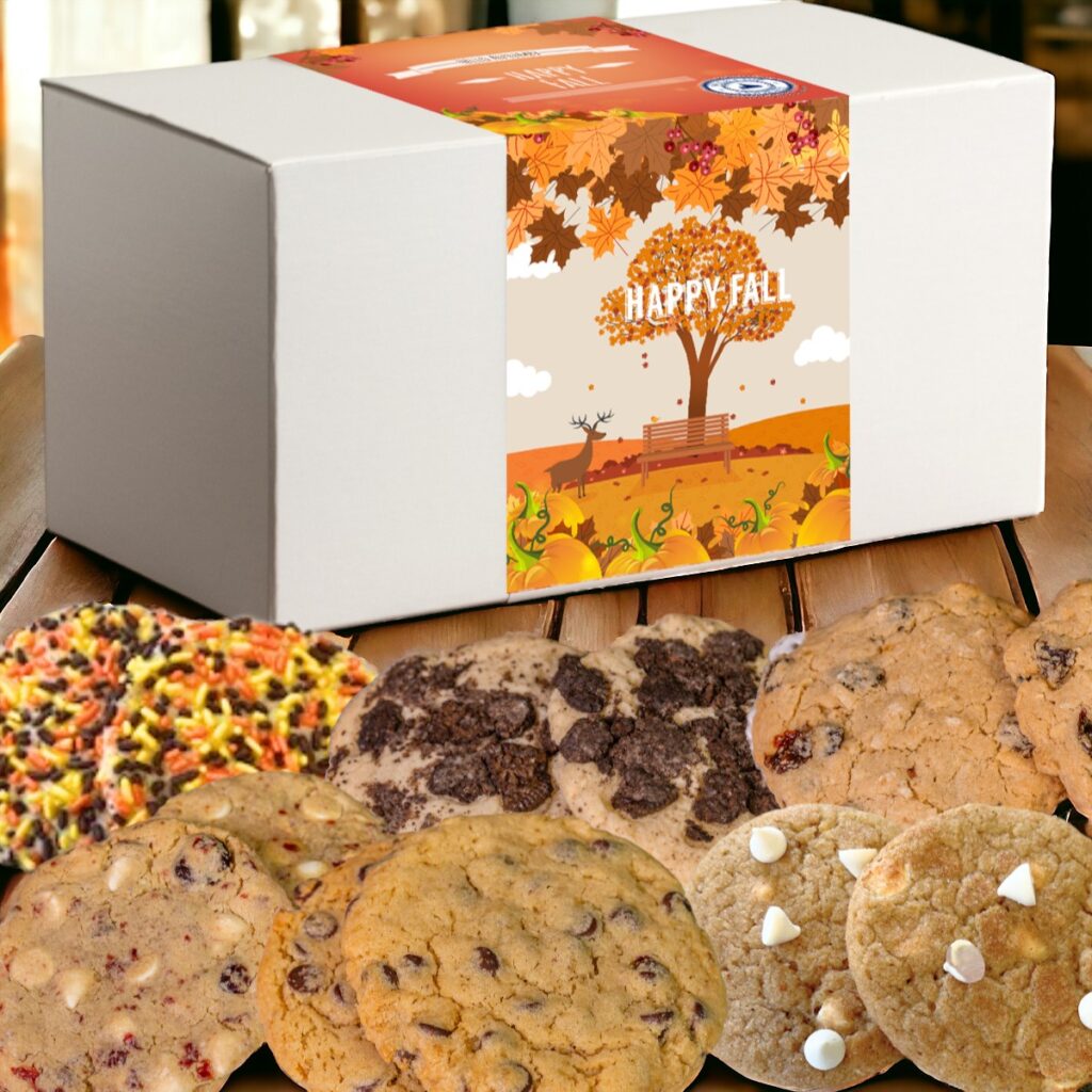 Autumn-themed cookie box with various cookies displayed