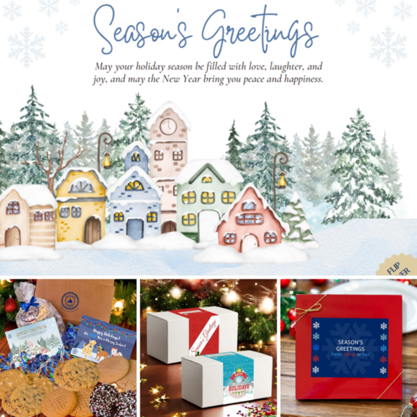 Collage of holiday cards, gifts, and snowy village scene