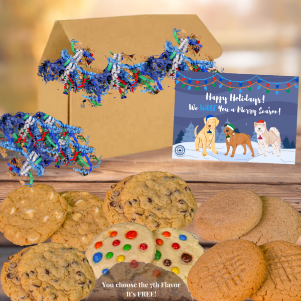 Holiday cookies and festive card on wooden table