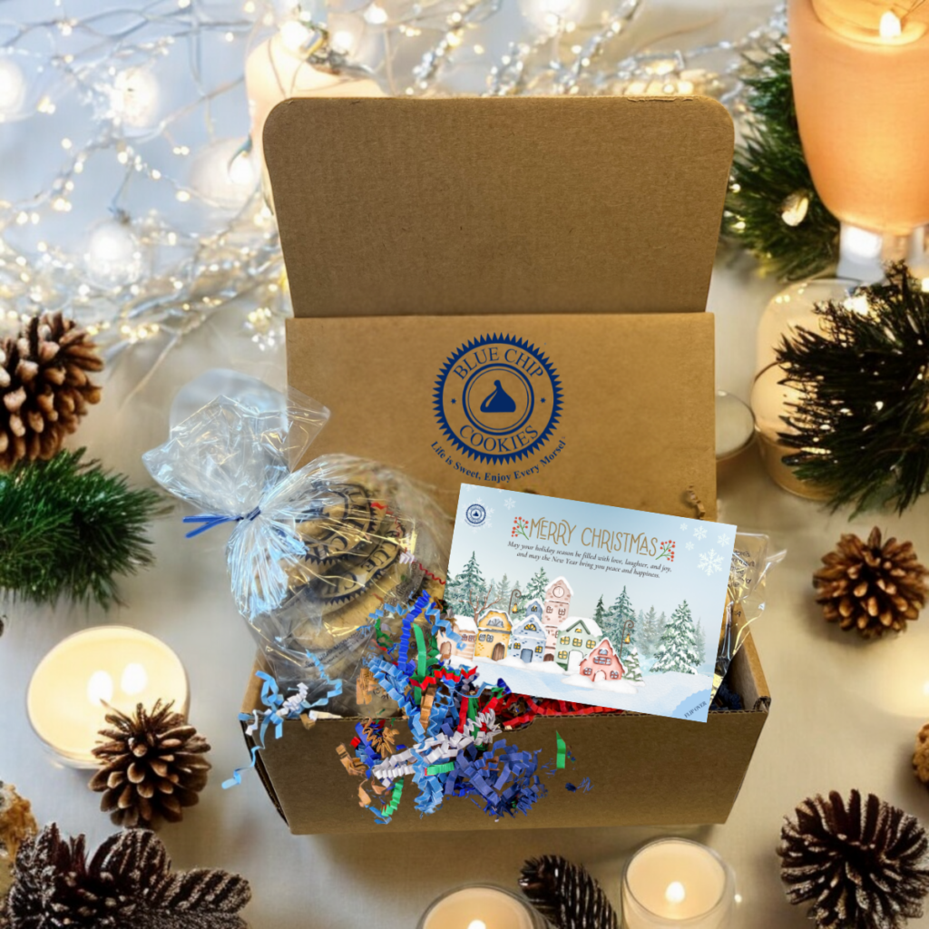 Christmas gift box with cookies and festive decorations