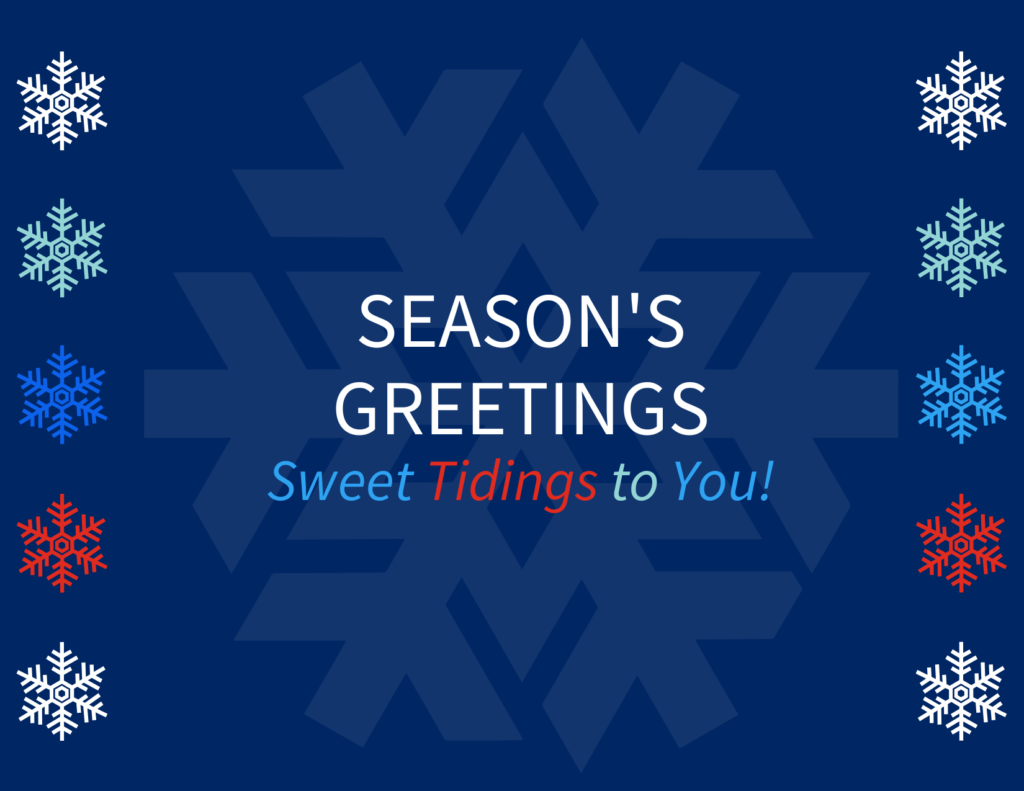 Season's Greetings card with snowflakes and festive message