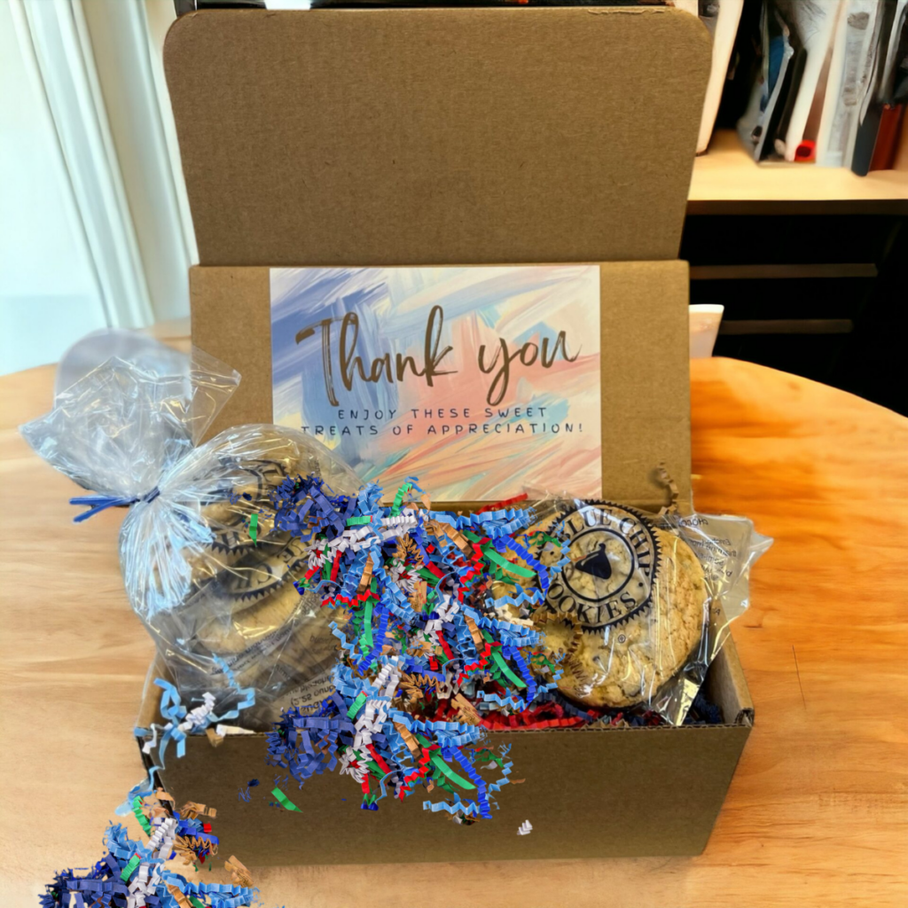 Thank you gift box filled with assorted cookies.