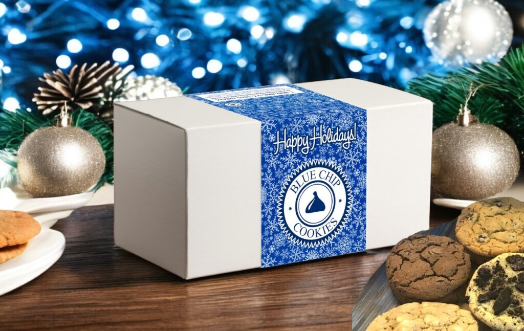 Holiday cookie box with festive decorations and lights