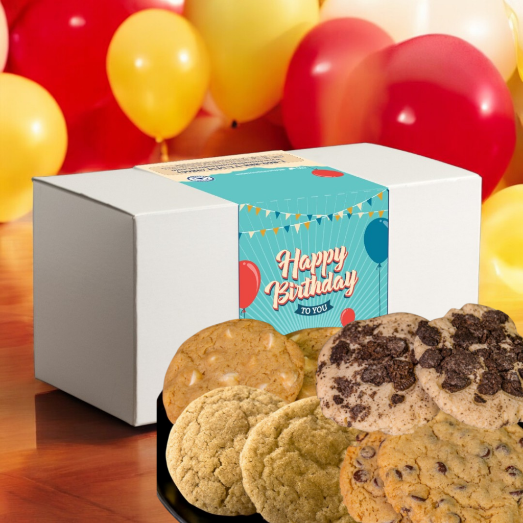 Birthday cookie box with balloons in background