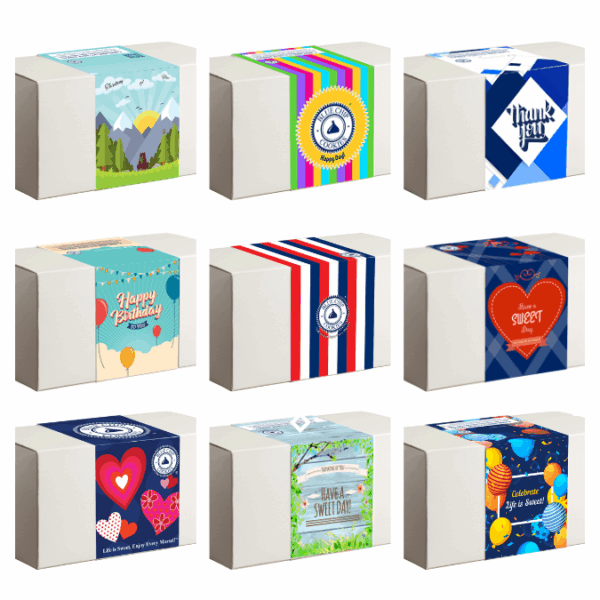 Variety of colorful, themed gift boxes in grid layout