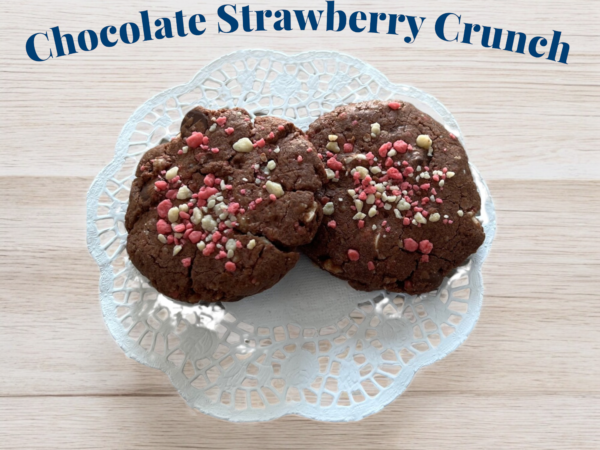 Chocolate Strawberry Crunch cookies on wooden surface