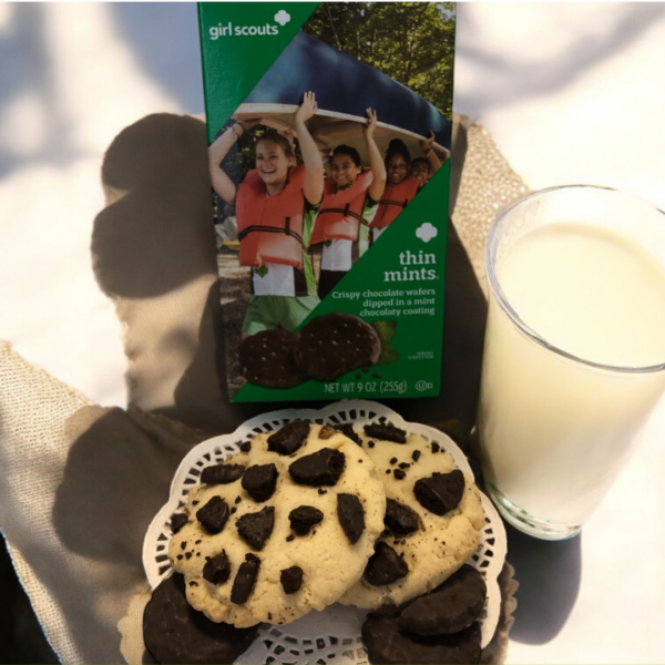 Girl Scout Thin Mints box, cookies, and milk