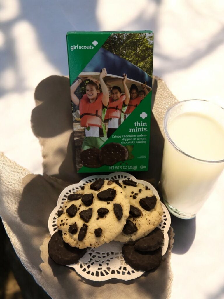 Girl Scout Thin Mints box, cookies, and milk outdoors