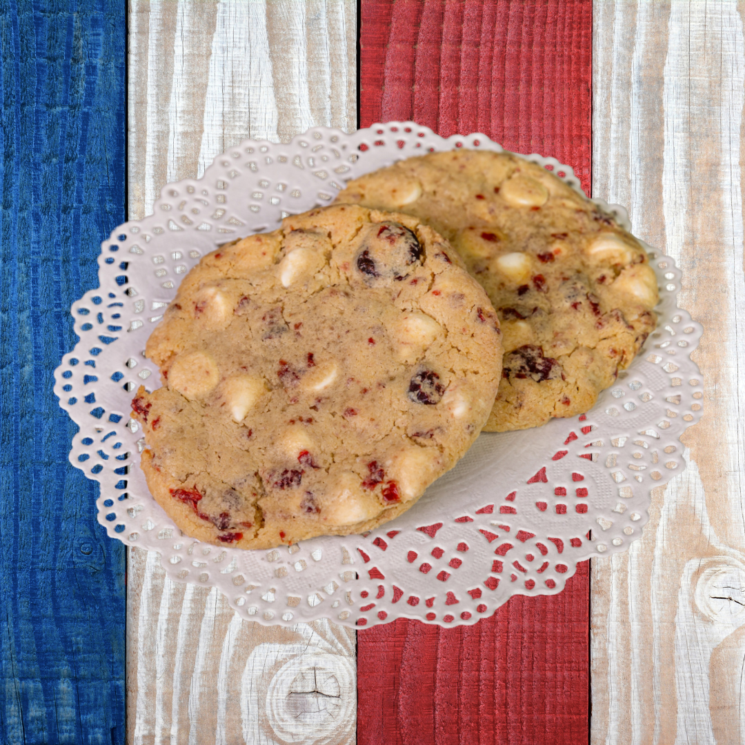 White chocolate cranberry cookies on patriotic table